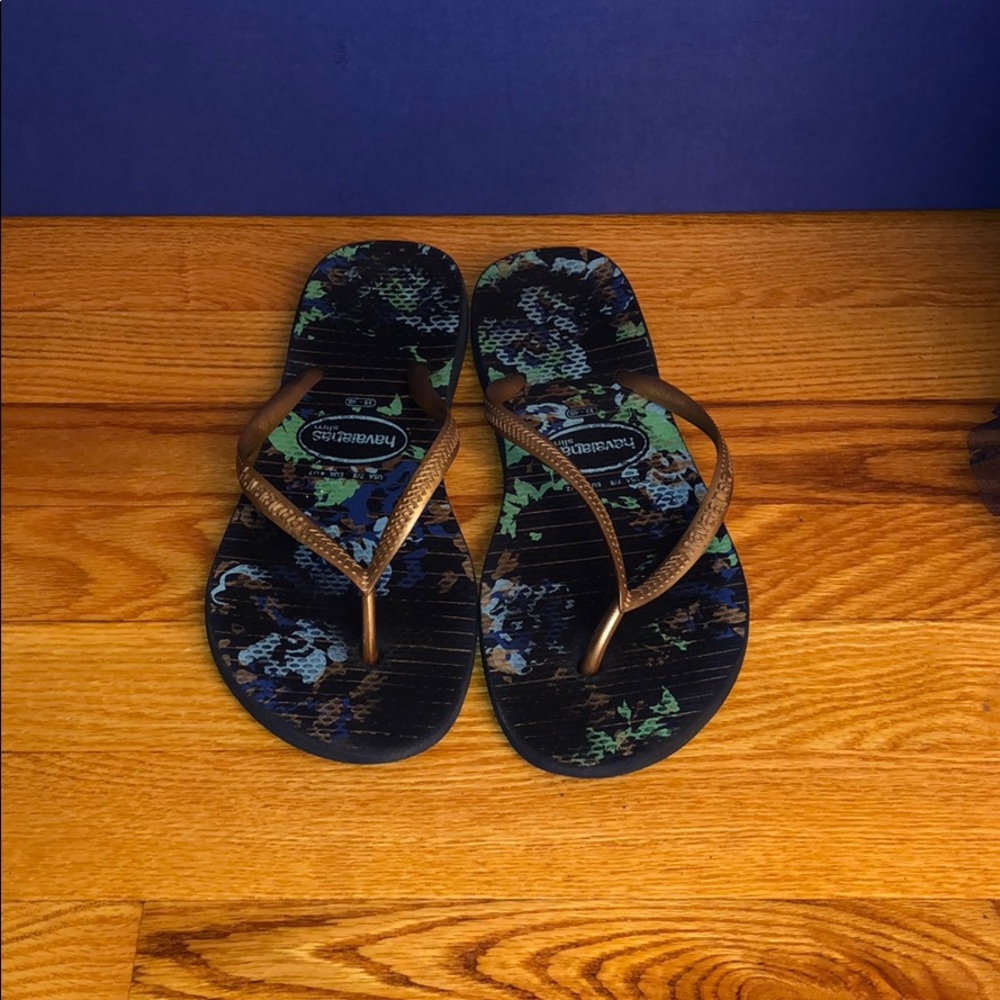 Blue and gold floral Havaianas Slim flip flops